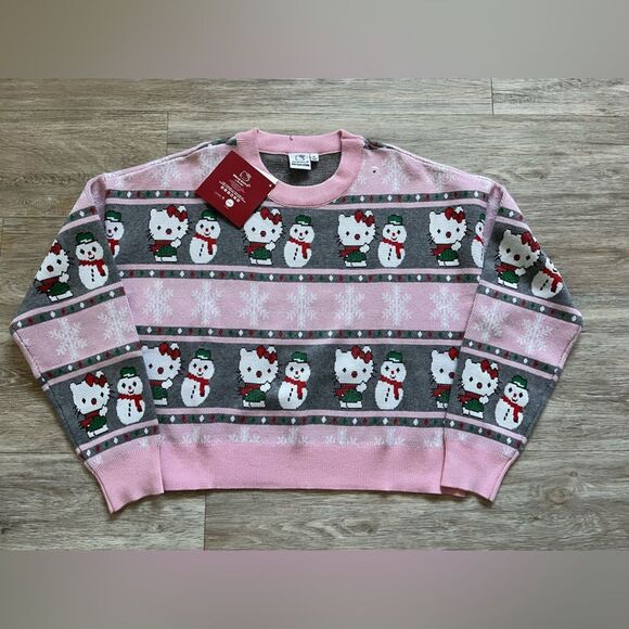 Women's Hello Kitty Sweater Snowmen & Snowflake Graphic Knit Isle Style  Pink - Picture 3 of 11